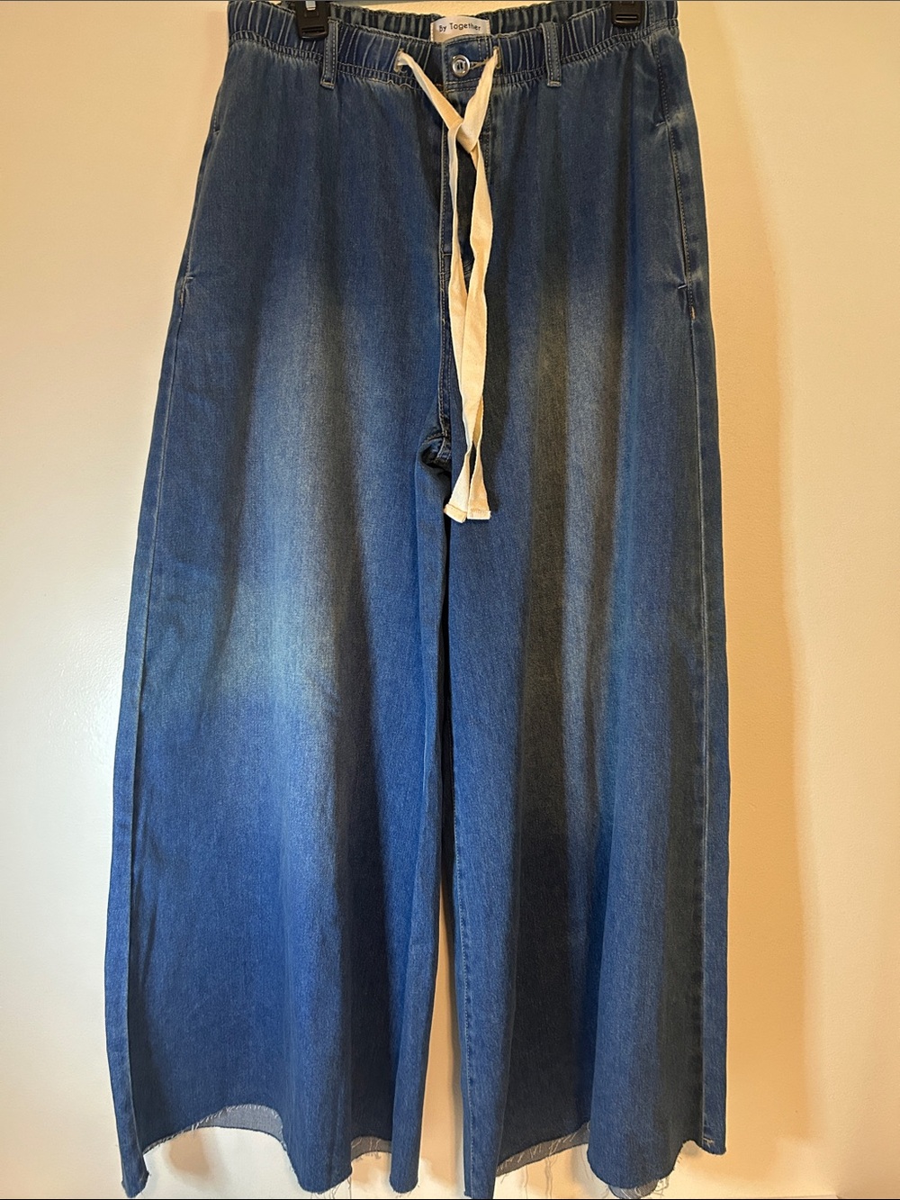 By Together Blue Wide-Leg Flare Jeans with Cream Drawstring